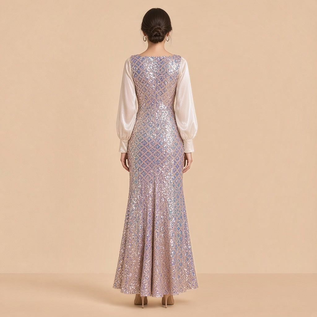 Robe sirène à sequins, vue de dos avec dos pailleté fermé