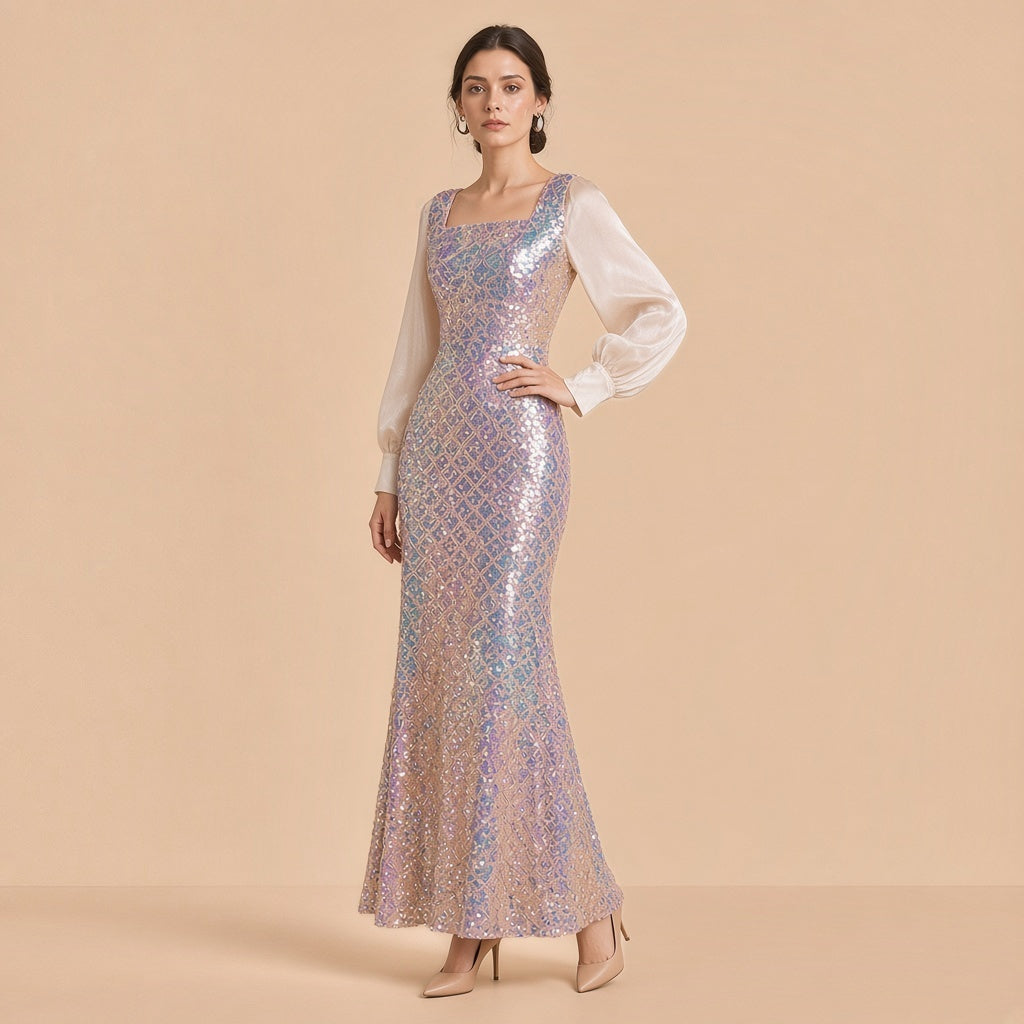 Robe sirène à sequins, vue de trois quarts, main à la taille