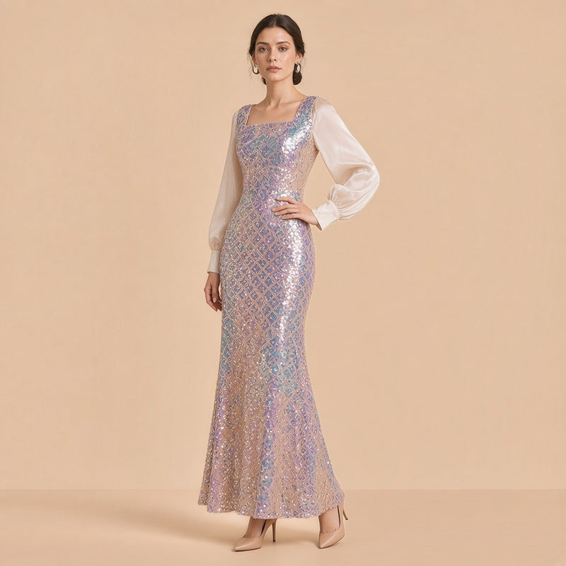 Robe sirène à sequins, vue de trois quarts, main à la taille