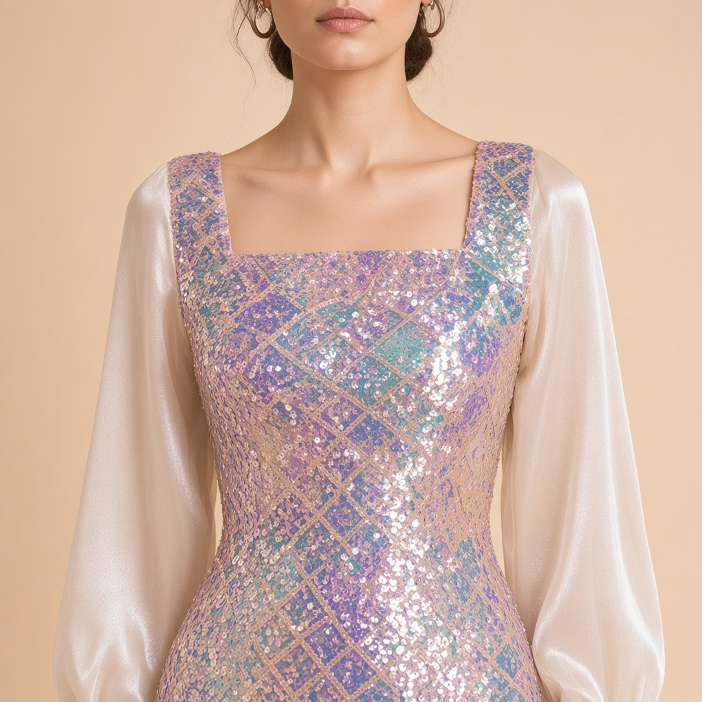 Détail de l’encolure carrée et des sequins irisés en losanges
