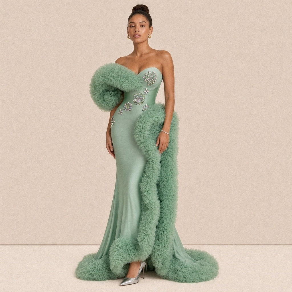 Robe de soirée sirène SAKIWE, coloris vert sauge, vue de face