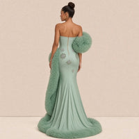 Robe de soirée sirène SAKIWE, coloris vert sauge, vue de dos