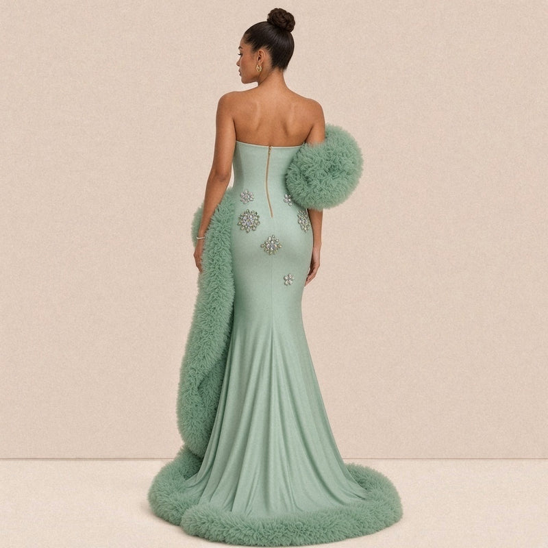 Robe de soirée sirène SAKIWE, coloris vert sauge, vue de dos