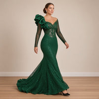 Robe de soirée sirène vert émeraude à sequins et fleur en satin, en marchant – SAKIWÉ