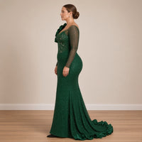 Robe de soirée sirène vert émeraude à sequins et fleur en satin, vue de profil – SAKIWÉ