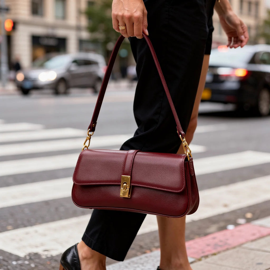 Sac Baguette Bordeaux Fermoir Doré — vue 2