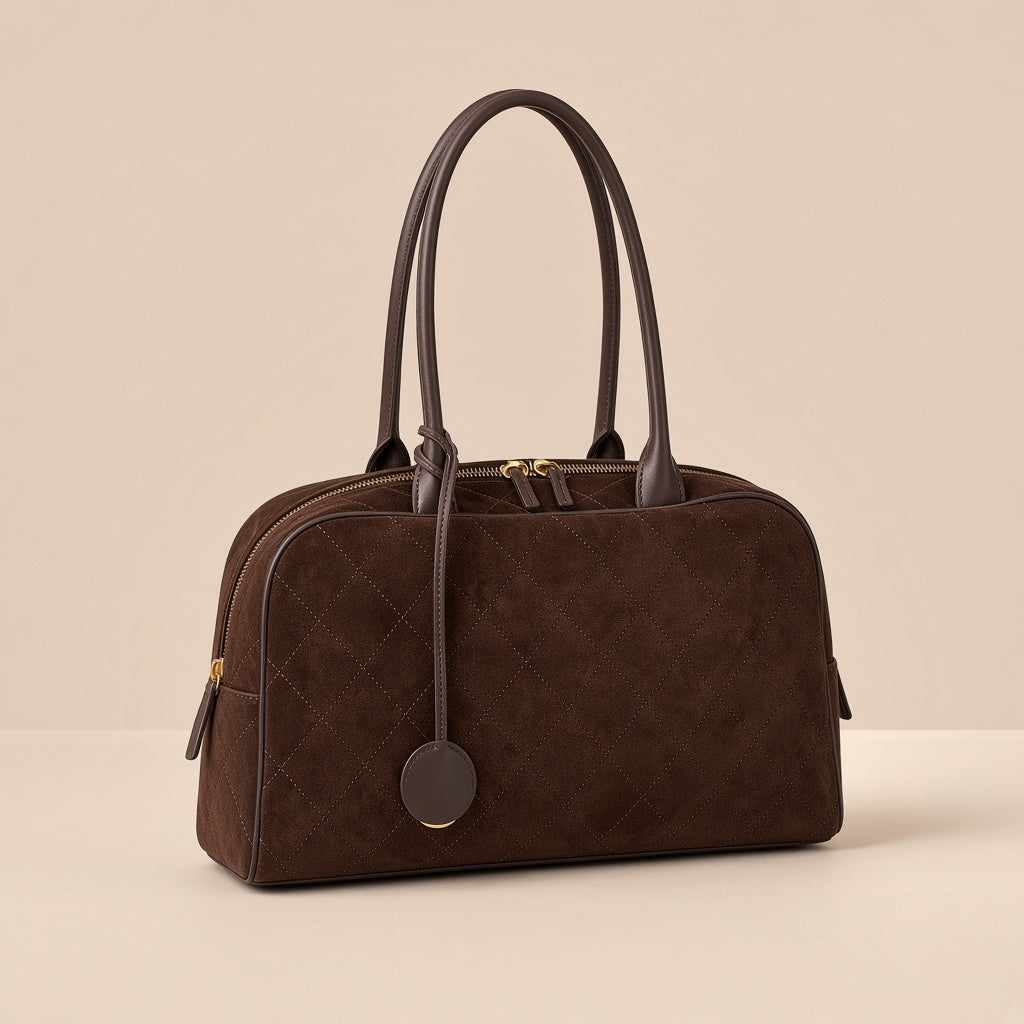 Sac bowling en daim matelassé SAKIWE, café, seul vu de trois quarts
