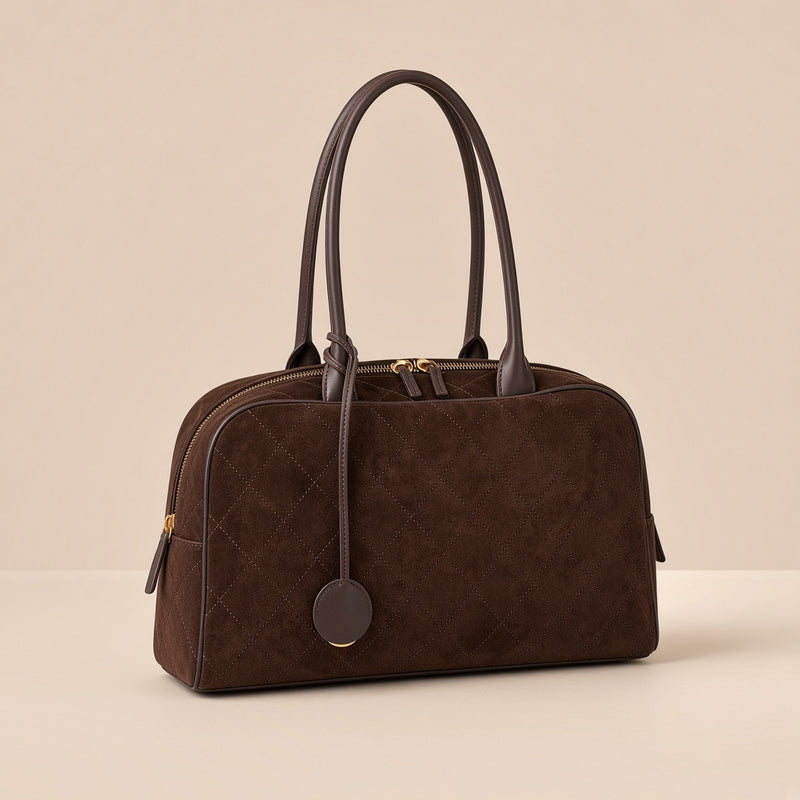 Sac bowling en daim matelassé SAKIWE, café, seul vu de trois quarts