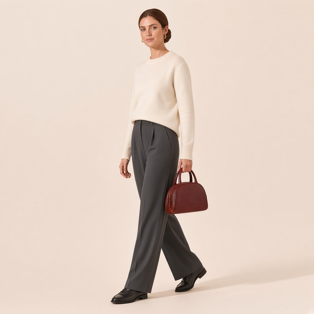 Femme marchant, sac bowling demi-lune en cuir ciré brun caramel tenu à la main par ses anses