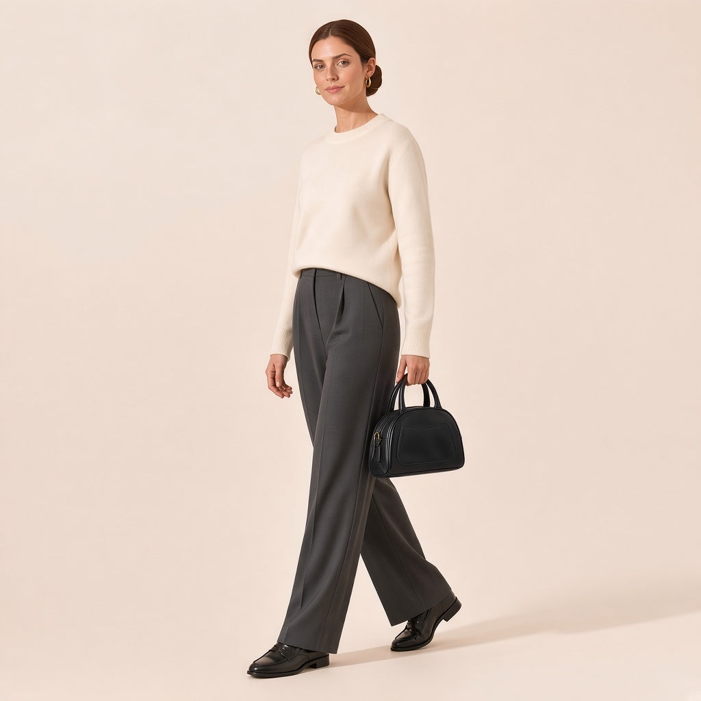 Femme marchant, sac bowling demi-lune en cuir ciré noir tenu à la main par ses anses