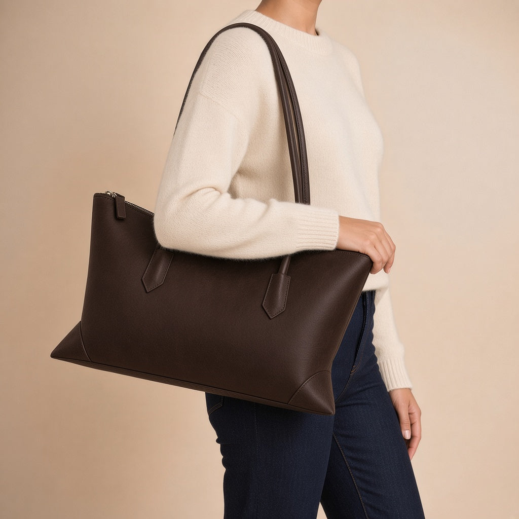 Sac cabas allongé en cuir SAKIWE Chocolat – porté sous le bras, vue rapprochée
