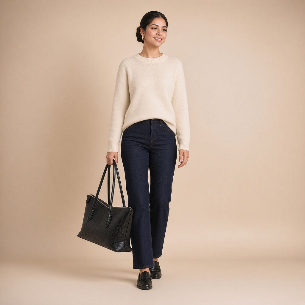 Sac cabas allongé en cuir SAKIWE Noir croco – porté à la main, en marchant