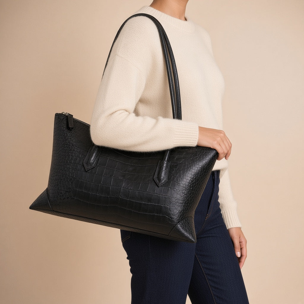 Sac cabas allongé en cuir SAKIWE Noir croco – porté sous le bras, vue rapprochée