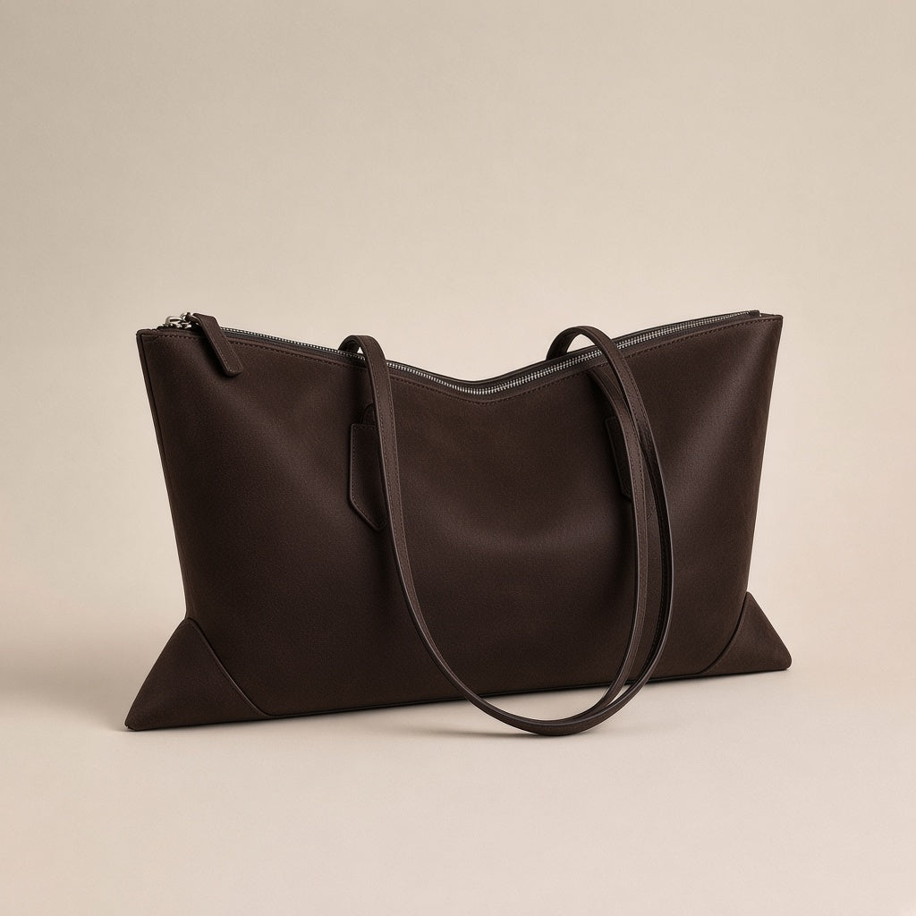 Sac cabas allongé en cuir SAKIWE Chocolat – seul, vue de trois quarts