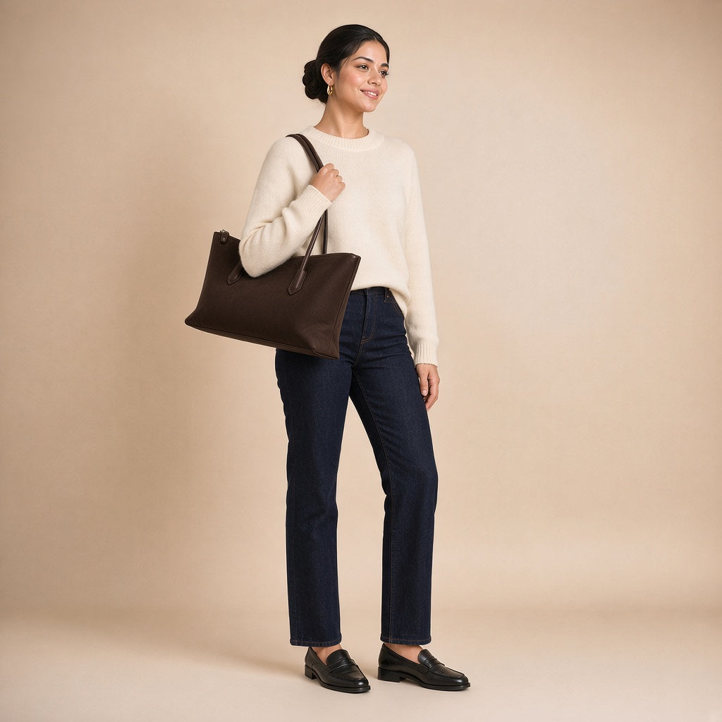 Sac cabas allongé en cuir SAKIWE Chocolat – porté à l’épaule par une femme