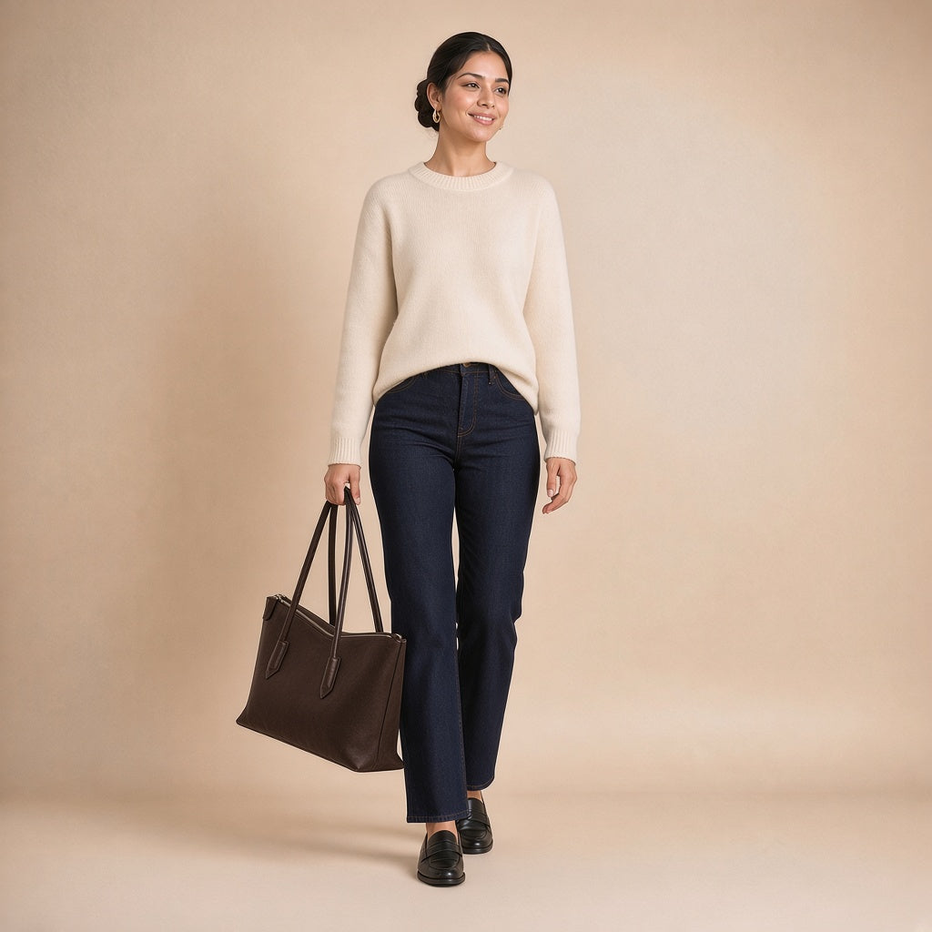 Sac cabas allongé en cuir SAKIWE Chocolat – porté à la main, en marchant