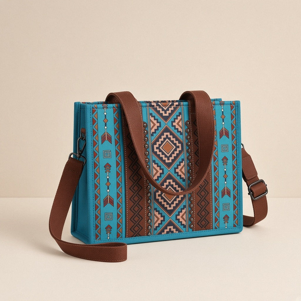 Sac cabas motif aztèque SAKIWE, coloris Turquoise – vue de trois quarts