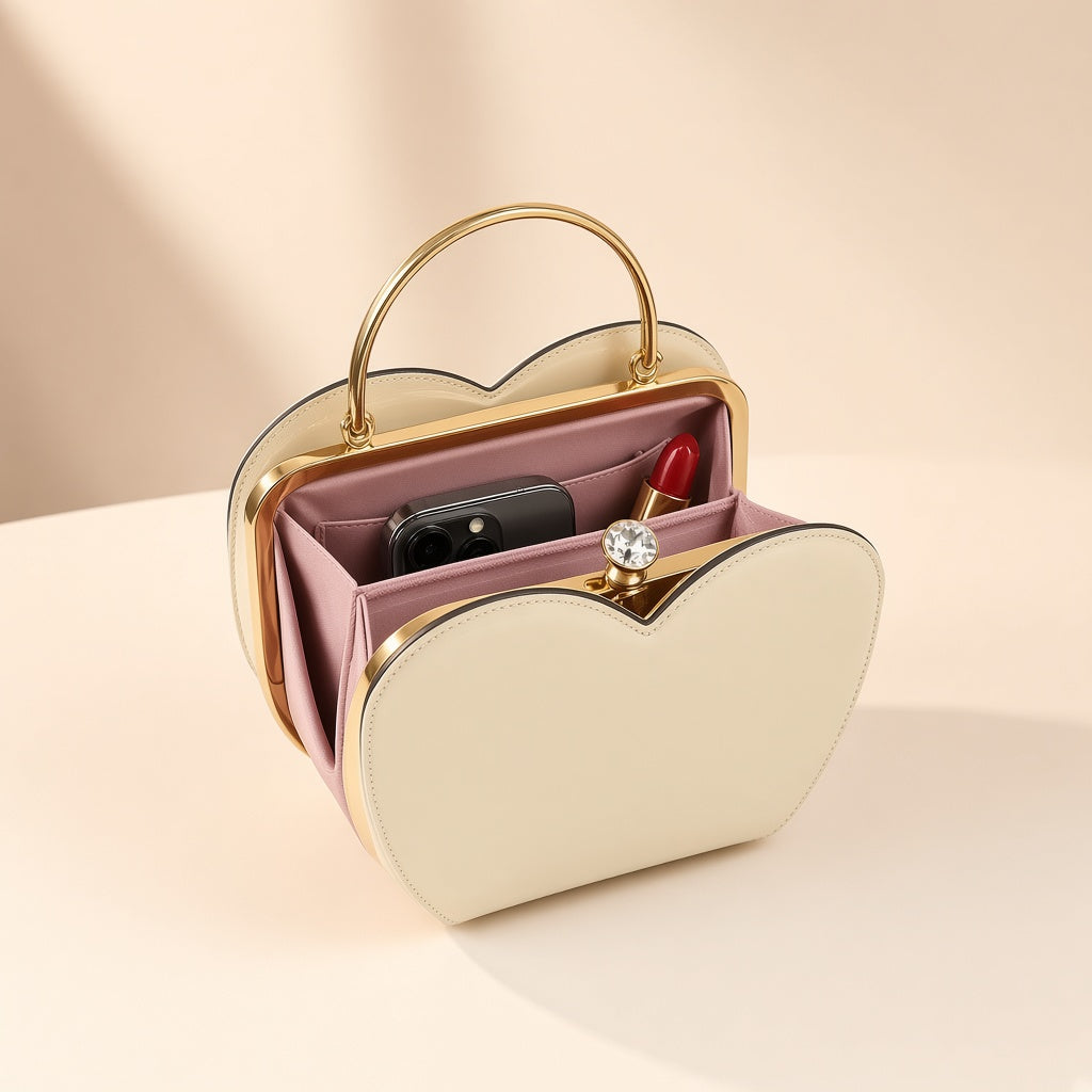 Sac coquille en cuir verni blanc cassé à fermoir bijou, ouvert, intérieur doublé de rose