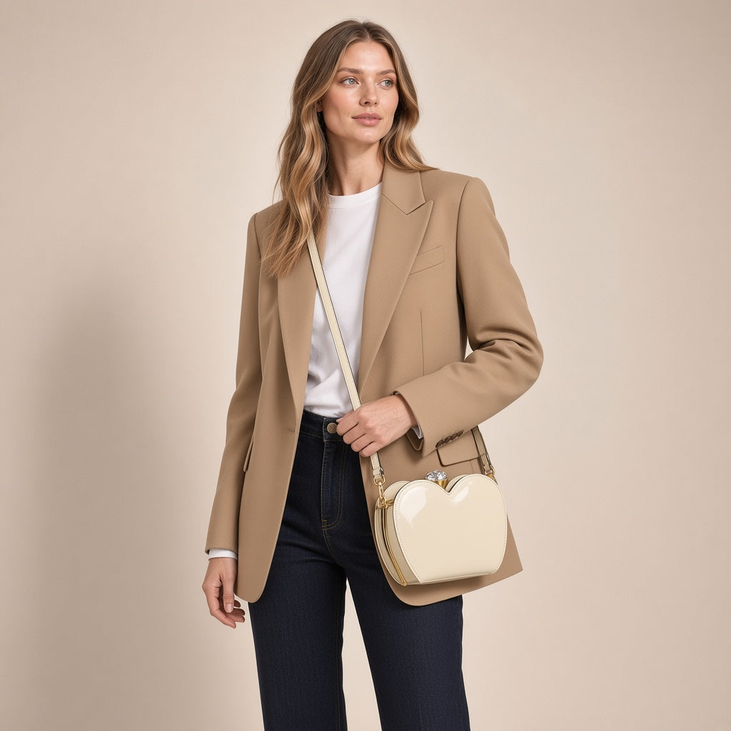 Sac coquille en cuir verni blanc cassé à fermoir bijou, porté par une femme sur fond beige