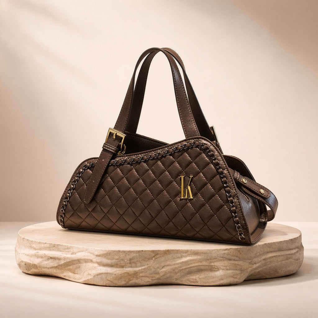Sac porté épaule en cuir matelassé à chaîne SAKIWE marron foncé, posé sur un socle en pierre