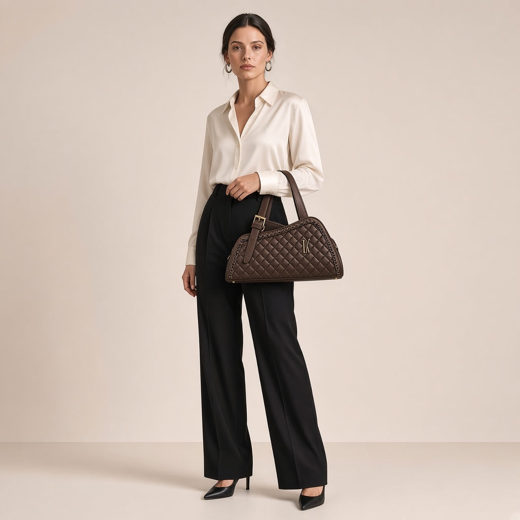 Sac porté épaule en cuir matelassé marron foncé à chaîne, porté à l'épaule