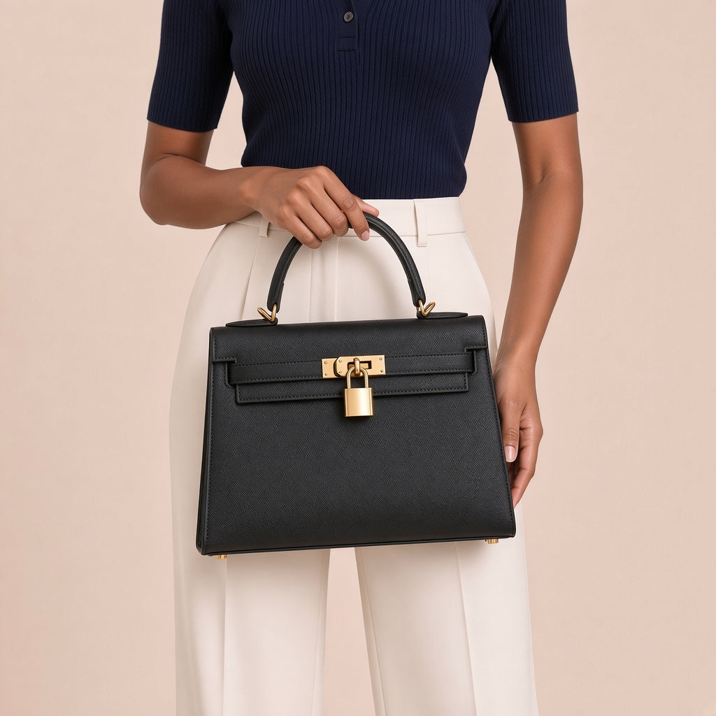 Gros plan sur le sac en cuir grainé SAKIWE noir, son fermoir tournant et son cadenas dorés
