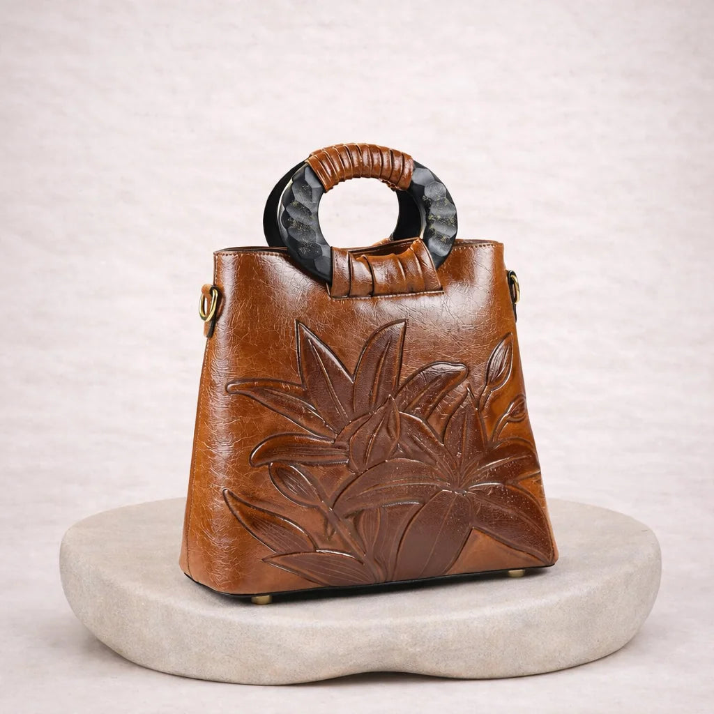 Sac Marron Motif Floral Sculpté — vue 2