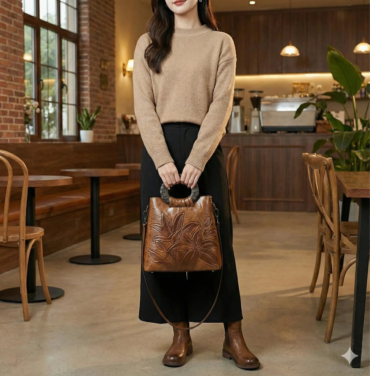 Sac Marron Motif Floral Sculpté — vue 4