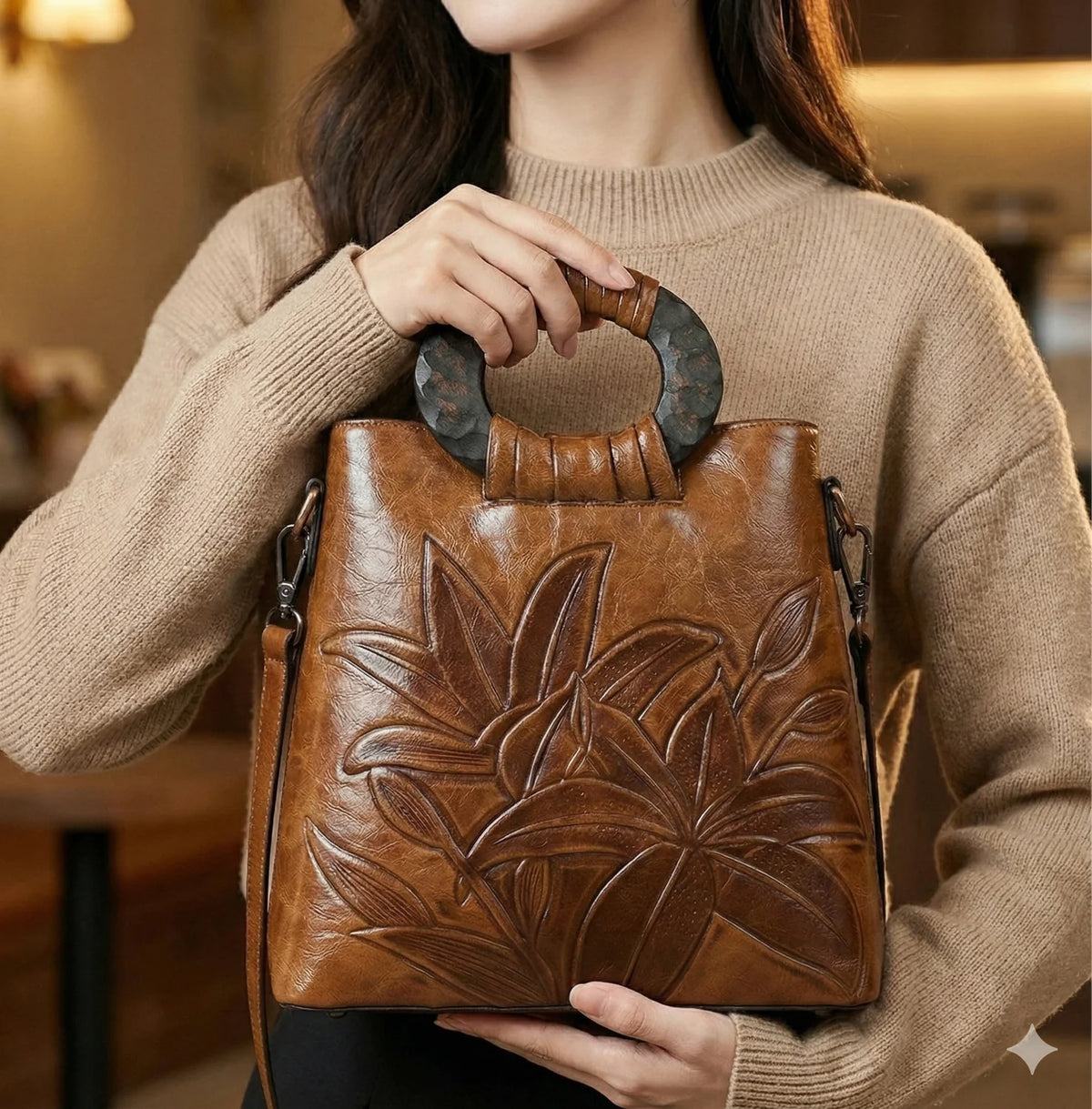 Sac Marron Motif Floral Sculpté — vue 10