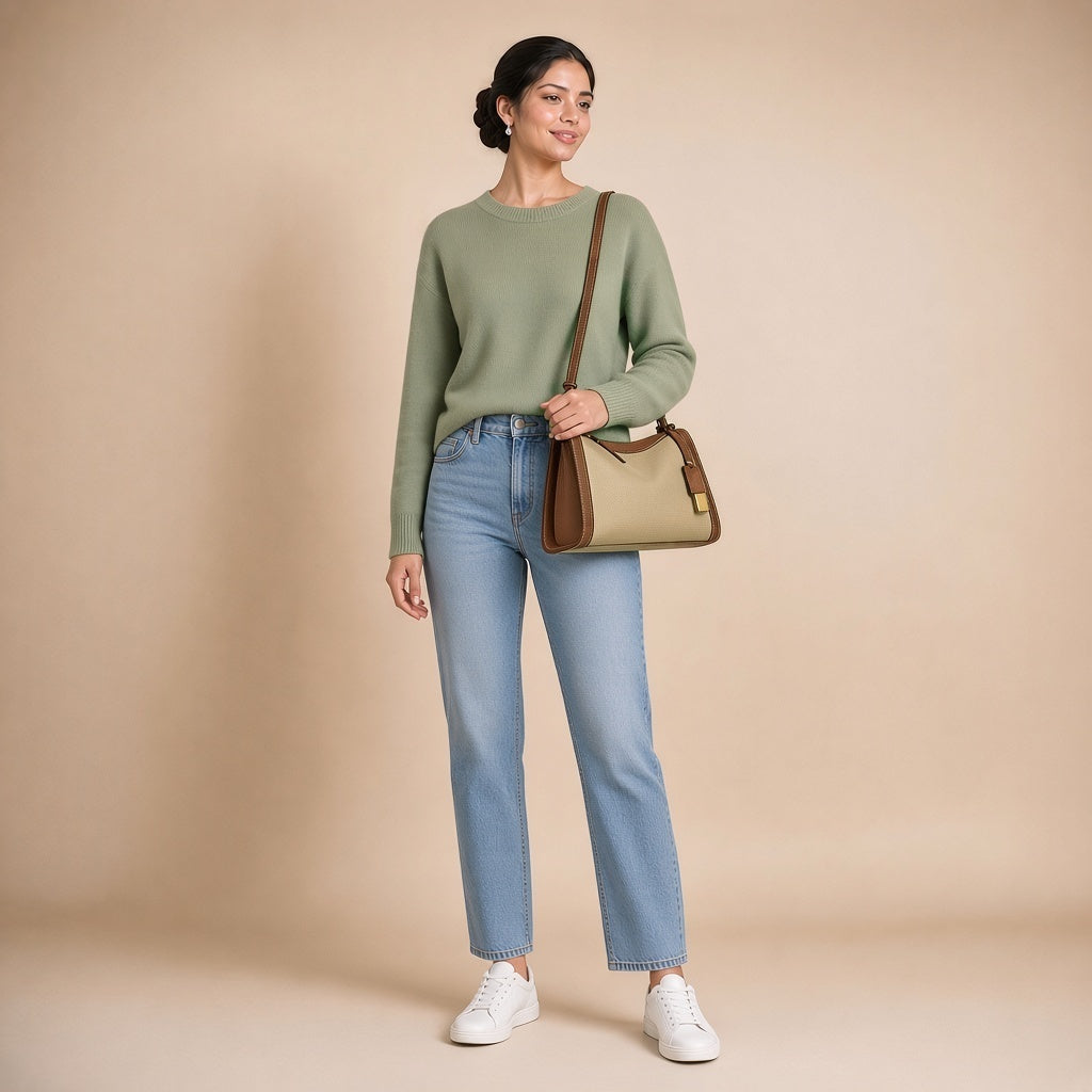Sac porté épaule oreiller en cuir grainé beige et cognac, porté à l’épaule