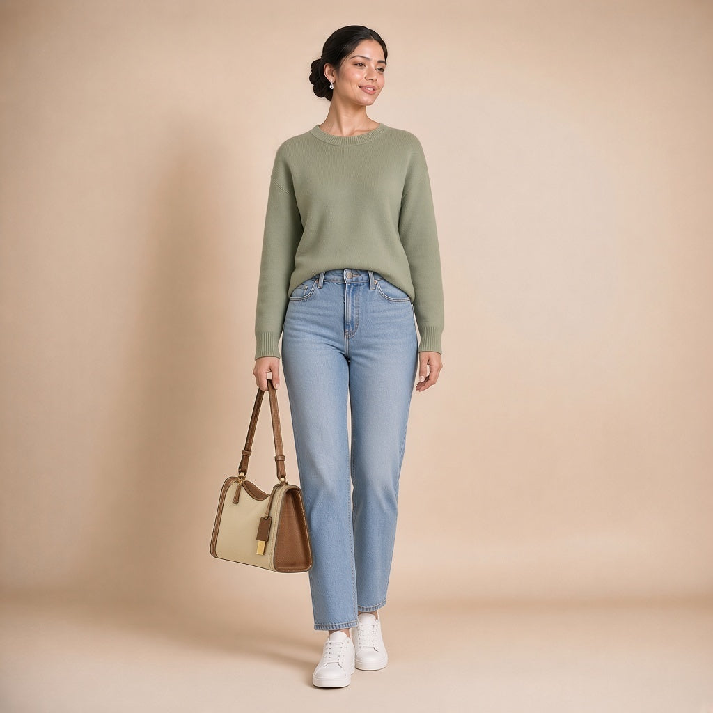 Sac porté épaule oreiller en cuir grainé beige et cognac, tenu à la main par son anse