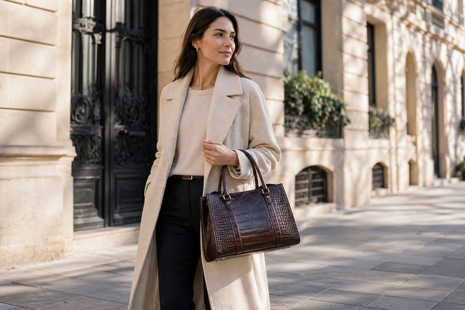 Femme portant un sac effet croco SAKIWÉ dans une silhouette urbaine lumineuse