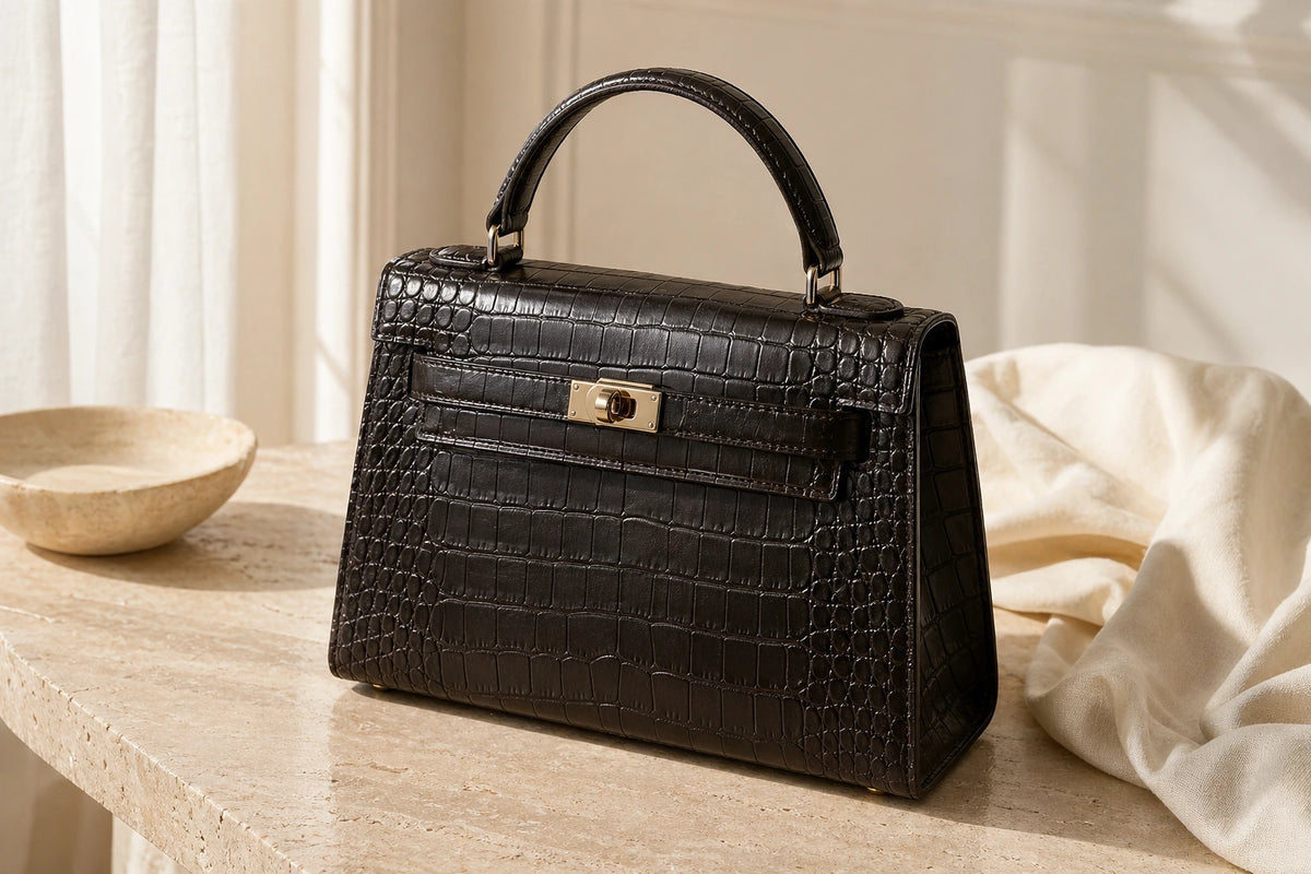 Detail matiere d un sac effet croco SAKIWE