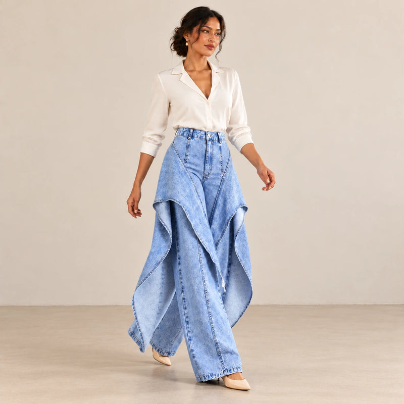 Jean large bleu à panneaux superposés porté en mouvement.