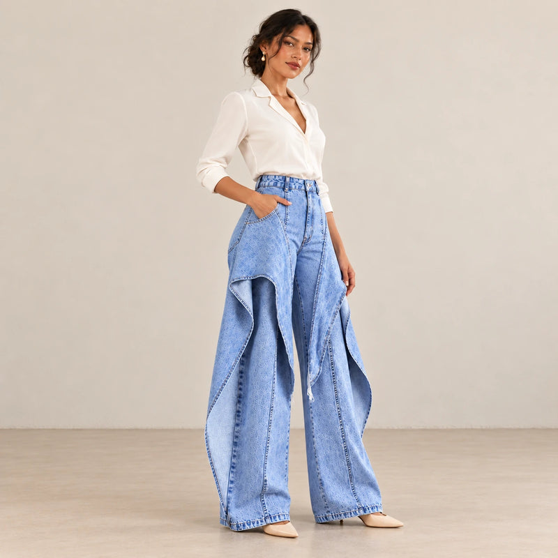 Vue trois-quarts du jean large bleu à panneaux superposés, porté avec une blouse ivoire.