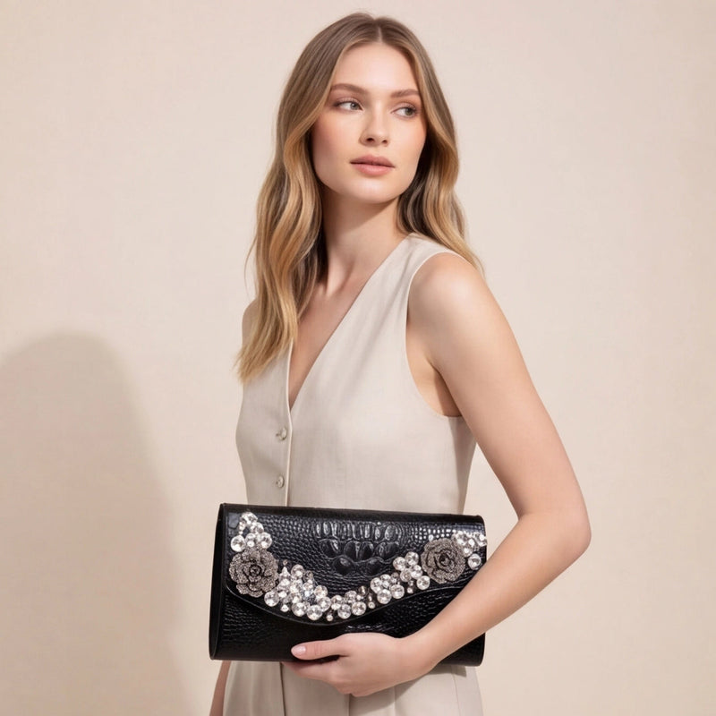 Pochette de soirée cuir de vachette façon croco & strass — vue 4