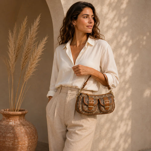 Sac baguette marron camel vintage porté — épaule