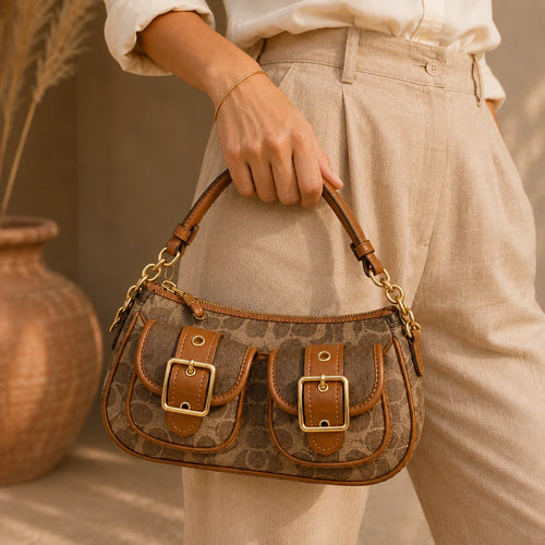 Sac baguette marron camel vintage porté — détail boucles