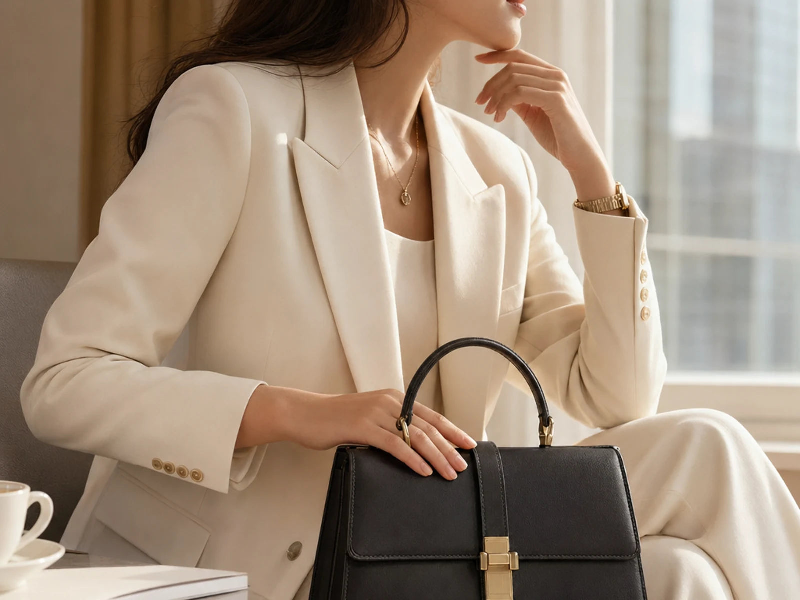 Sac structure SAKIWE tenu dans une tenue tailleur lumineuse