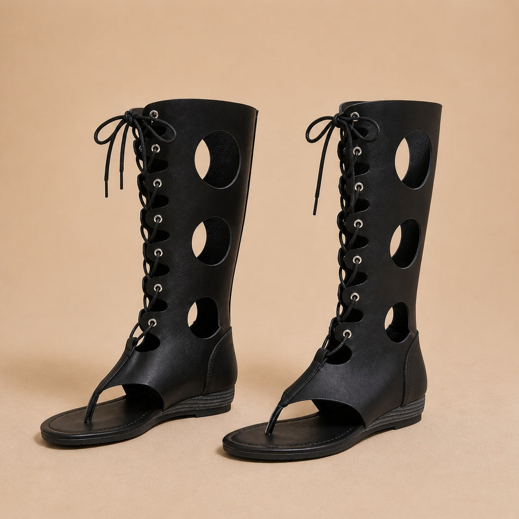 Paire de sandales montantes noires ajourées à lacets, vue produit sur fond beige