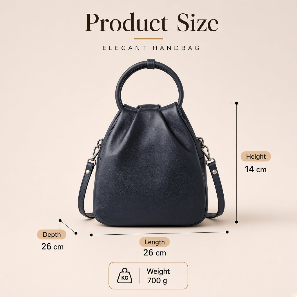 Sac seau froncé en cuir à anse anneau - Product Size : 26 x 26 x 14 cm, 700 g