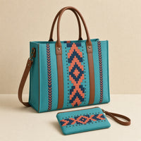 Set de sacs à motif géométrique SAKIWE, coloris Turquoise, lot de 2 pièces – cabas vu de trois quarts