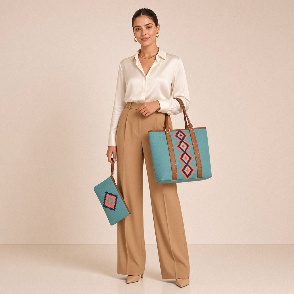 Set de sacs à motif géométrique SAKIWE, coloris Turquoise, lot de 2 pièces – porté par une mannequin, vue en pied