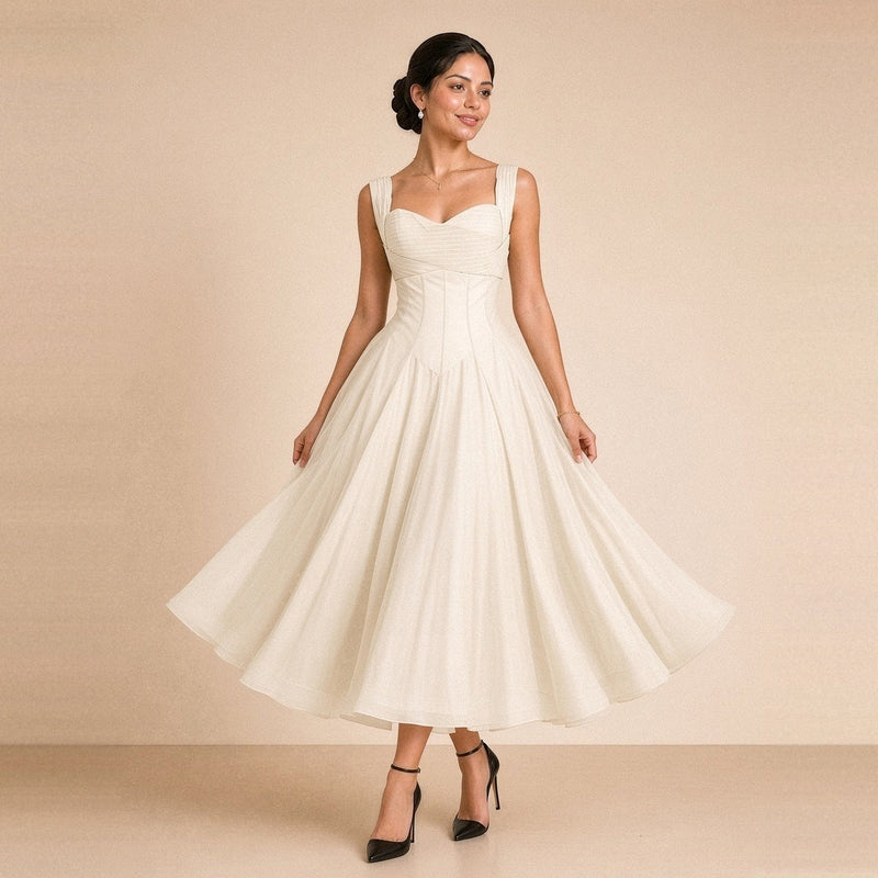 Robe midi corsetée SAKIWE blanche portée, en marchant