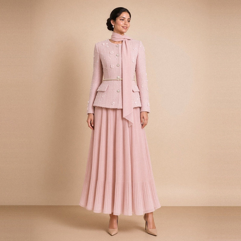 Ensemble veste en tweed et jupe longue plissée rose poudré – vue de face