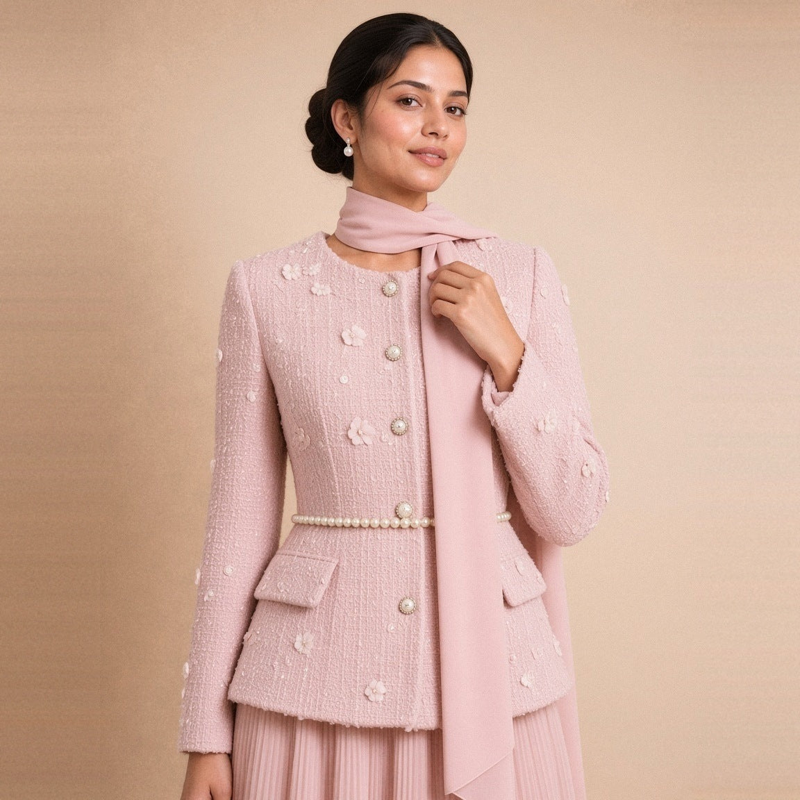 Ensemble rose poudré – détail du tweed, des fleurs et de la ceinture de perles