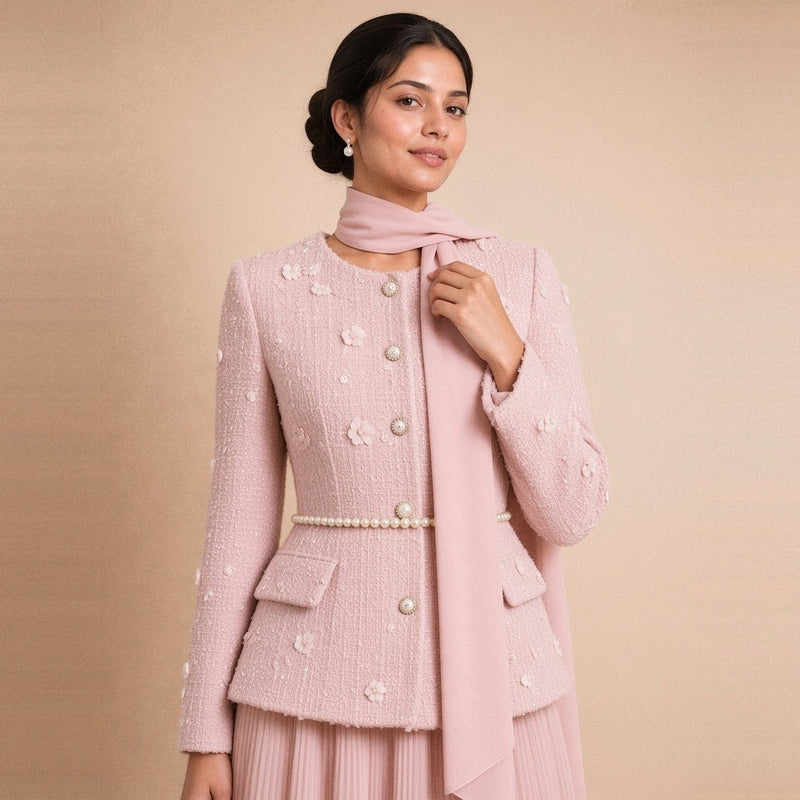 Ensemble rose poudré – détail du tweed, des fleurs et de la ceinture de perles