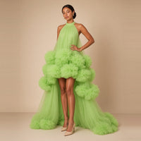 Robe asymétrique en tulle à pompons vert anis – vue de face
