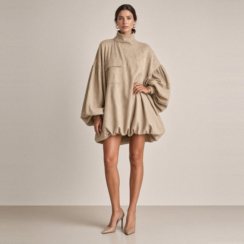 Robe courte ballon effet daim beige, col montant et manches lanterne – vue de face