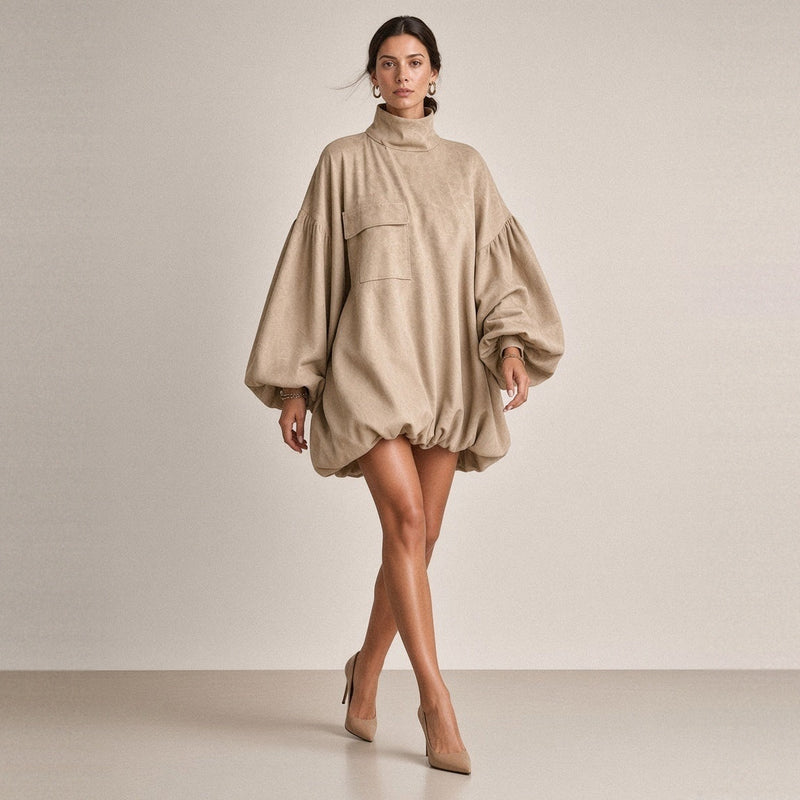 Robe ballon effet daim beige portée en marchant